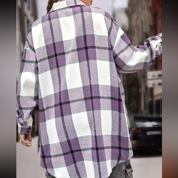 Purple Plaid Print Button Up Collared Shirt Jacket shaket - Picture 2 of 5